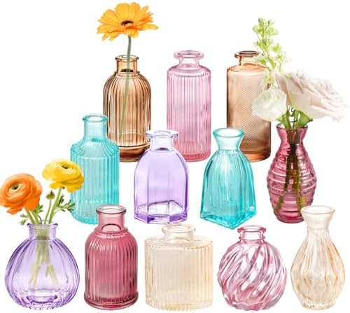 12PCS Mixed Colored Bud Vases Colorful Vintage Flower Vase for Centerpieces by PHUNTTEK