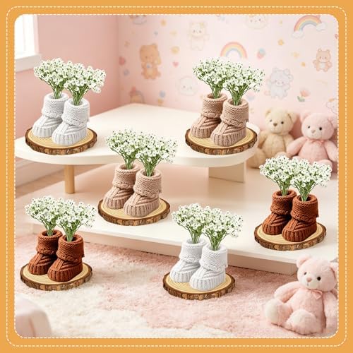 6 Set/ 36 Pcs Baby Shower Centerpieces Decor for Tables Crochet Knitted Mini Baby Booties with Artificial Breath Flowers and Wood Slices Boho Rustic Table Decor Gender Reveal Party Decor - Image 4