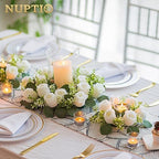 NUPTIO Flower Candle Rings for Centerpieces: 13.4 Inch Artificial Rose Wreath for Wedding Party Christmas Decorations - White Wreaths for Spring Summer Front Door Porch Table Decor 6 Pcs - Image 2