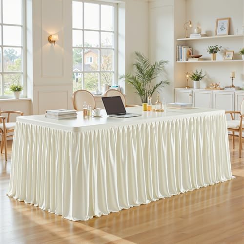 1 Pack Ivory Rectangle Table Clothes for 6 Foot Tables, Polyester Wrinkle Free Fitted Tablecloths 6ft Stretch Table Cover with Skirt for Wedding, Birthday, Parties, Trade Show, Craft Show - Image 3