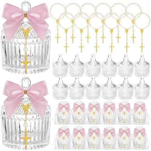 Chuangdi 12 Sets 48 Pcs Baptism Favors for Guests Crystal Candy Bowl Gifts with 12 Pcs Cross Rosary for Baptism Decorations Wedding Baby Shower Party Supplies First Communion (Pink) by Chuangdi