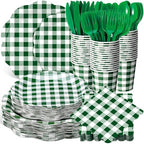 Funnymoom 400 Pcs Gingham Party Supplies for 50 Guests Dark Green and White Paper Plates and Napkins Knives Spoon Fork Cup Disposable Checkered Dinner Party Set Cutlery for Baby Shower Wedding Favor by Funnymoom