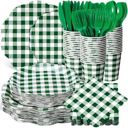 Funnymoom 400 Pcs Gingham Party Supplies for 50 Guests Dark Green and White Paper Plates and Napkins Knives Spoon Fork Cup Disposable Checkered Dinner Party Set Cutlery for Baby Shower Wedding Favor by Funnymoom