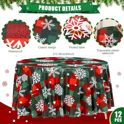 Ganeen 12 Pcs Christmas Snowflake Round Tablecloth 84" Red White Plastic - Image 2