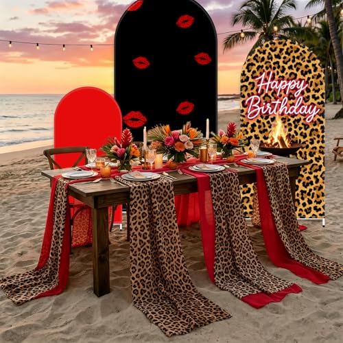 FYSUIMU 3 Pcs Leopard Print Happy Birthday Arch Backdrop Covers Red Black Cheetah Print Lips Stretchy Spandex Arch Stand Fabric Cover for Birthday Party Decor Photo Background (4ft/5ft/6ft) - Image 4