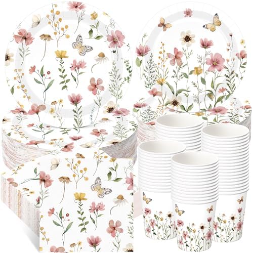 Wildflower Party Decorations, Paper Plates Napkins Cups Serve 50, Pink by Ziliny