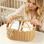 2pcs Rattella Premium Scalloped Rattan Baby Diaper Caddy Organizer 16.14*10*7.2/13.9*8*6in Handwoven Wicker Nursery Storage Basket with Removable Divider & Gift Bow - Boho Baby Registry (Khaki 2) - Image 6