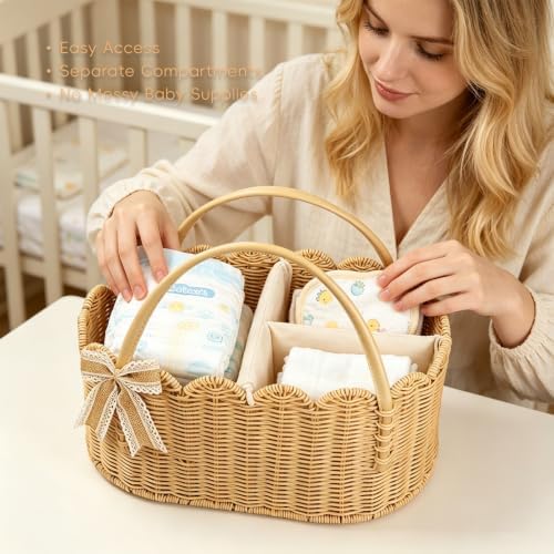 2pcs Rattella Premium Scalloped Rattan Baby Diaper Caddy Organizer 16.14*10*7.2/13.9*8*6in Handwoven Wicker Nursery Storage Basket with Removable Divider & Gift Bow - Boho Baby Registry (Khaki 2) - Image 6