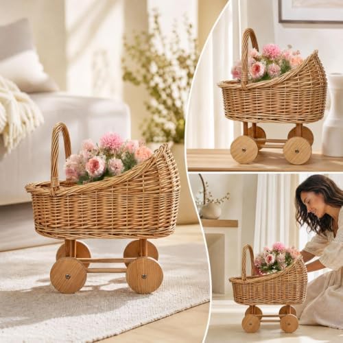 HAOPAIXW 15.7" Wicker Baby Carriage for Baby Shower, Woven Rattan Stroller Basket with 2 Artificial Flower Bouquets, Vintage Floral Centerpiece Planter Gender Reveal Basket (Basket+Flower Bouquets) - Image 2
