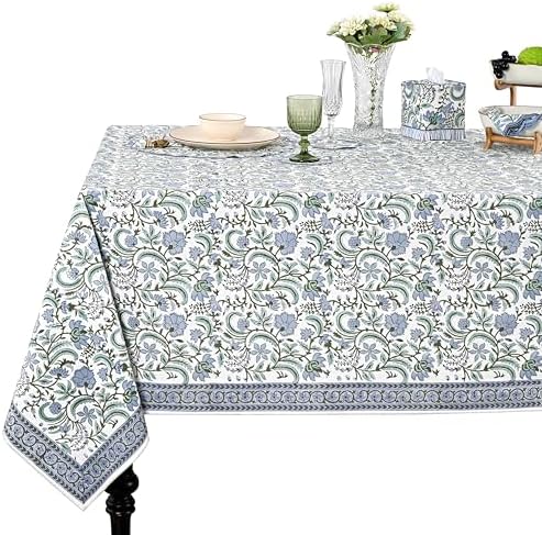Ridhi Columbia Blue Block Print Cotton Rectangle Table Cloth, 52x70 inch by Ridhi
