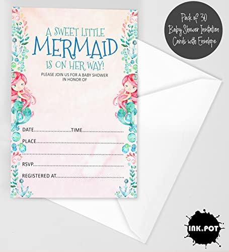 Pack of 30, Girl Baby Shower Party Collection, Baby Shower Invitation Cards, Fill in the Blank Invites WIth Envelopes, Mermaid Theme Party Supplies - Image 2