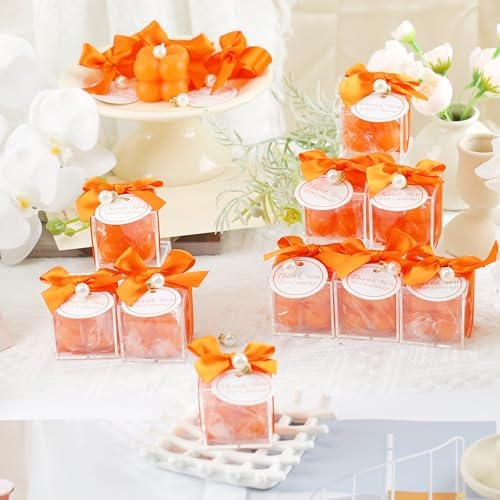 ACITHGL 30 Sets Fully Assembled Small Bubble Candle Party Favors for Guests Bulk Bridal Showers Favors Candles with Stylish Ribbons Thank You Cards Gifts (Orange) - Image 4