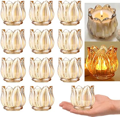GOLDEAL 12Pcs Gold Votive Candle Holders, Thick Glass Tea Light Candle Holder Bulk, Tealight Candle Jars for Wedding Table Decor, Party Supplies, Bridal Shower Decorations, Centerpieces for Tables by GOLDEAL