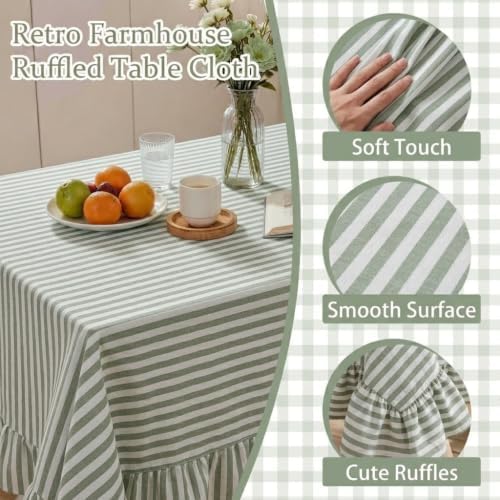 Sage Green Striped Ruffle Tablecloth 60" x 120" Rectangular Farmhouse Flounces Trim Table Cover for Seat 8-10 for Picnic Dining Kitchen Party Wedding Decor - Image 5