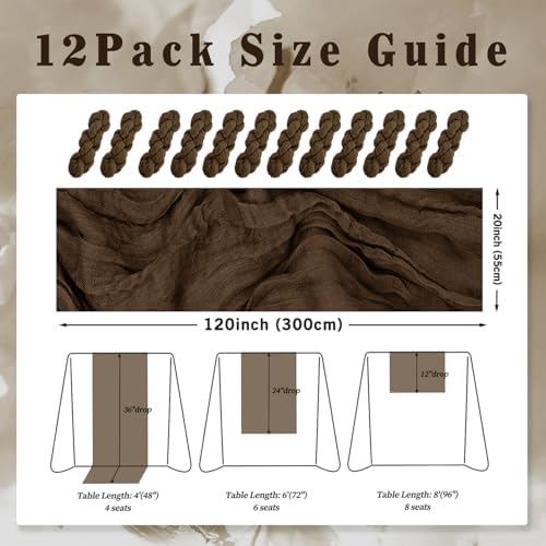 10FT 12 Pack Brown Cheesecloth Table Runner 20 x 120 Inch Long Boho Fabric Rustic Cheese Cloth Table Runner for Wedding Bridal Shower Baby Shower Gauze Sheer Birthday Party Table Decorations - Image 2