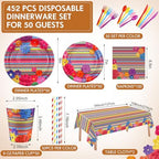 Funnymoom 452 Pcs Mexican Party Decoration for 50 Guest, Mexican Paper Plates Napkins Cups Tablecloth Cutlery Straws Fiesta Disposable Tableware Set for Mexico Taco Wedding Birthday Party Supplies - Image 2