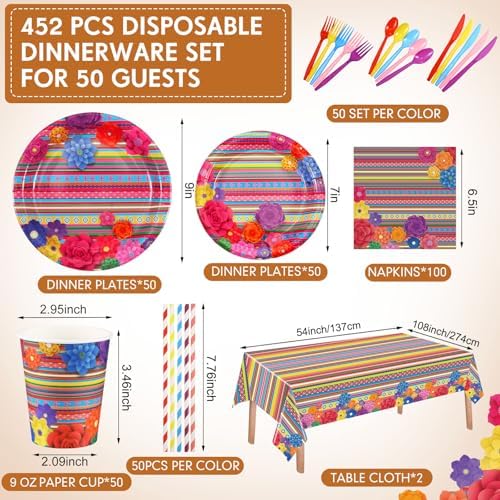 Funnymoom 452 Pcs Mexican Party Decoration for 50 Guest, Mexican Paper Plates Napkins Cups Tablecloth Cutlery Straws Fiesta Disposable Tableware Set for Mexico Taco Wedding Birthday Party Supplies - Image 2