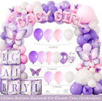 Party Inspo Butterfly Baby Shower Decorations for Girl – 146 PCs A Little Butterfly Is on Her Way Baby Shower Party Supplies Includes Purple & Pink Balloons, Backdrop, Cake Topper, Sash, Badges - Image 3