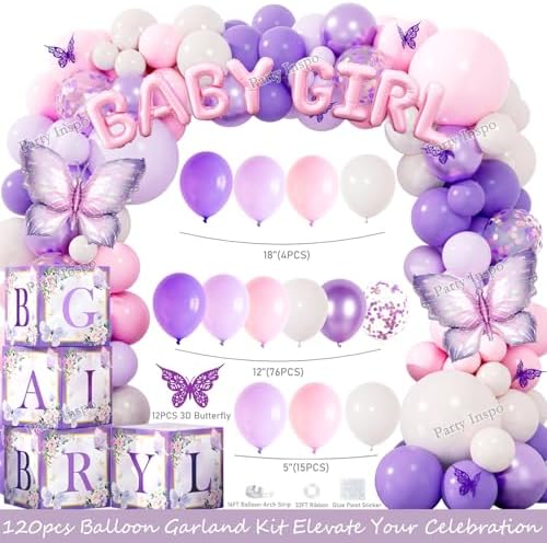Party Inspo Butterfly Baby Shower Decorations for Girl – 146 PCs A Little Butterfly Is on Her Way Baby Shower Party Supplies Includes Purple & Pink Balloons, Backdrop, Cake Topper, Sash, Badges - Image 3