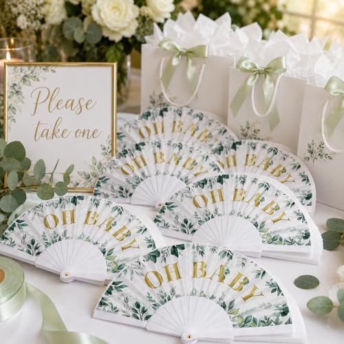 Cinrobiye 24 Pcs Greenery Baby Shower Folding Hand Fans, Sage Green Eucalyptus Oh Baby Fans Bulk, Foldable Fan Favors for Gender Reveal, Baby Shower Guest Favors and Party Decorations - Image 4