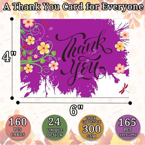Eilyliafe 160 Piece Bulk Set of 4x6 Blank Thank You Cards with Envelopes & Stickers - 32 Watercolor Floral Designs for Small Business, Wedding, Funeral, Baby Shower, Graduation & Thanksgiving - Image 2