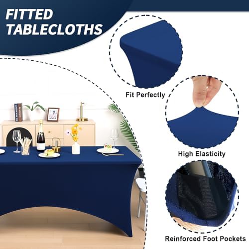 Fixwal 6 Pack 6FT Navy Blue Tablecloth Rectangle Spandex Table Cover - Image 2