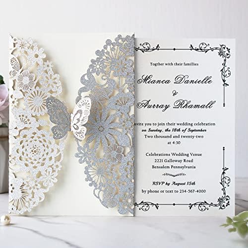 Hosmsua 5.12 x 7.3 Inch 20PCS Laser Cut Butterfly Quinceanera Invitation Kit Lace Flora Wedding Invitations with Envelopes for Quinceañera Wedding Bridal Shower Invite (Silver Glitter) - Image 3