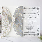 Hosmsua 5.12 x 7.3 50PCS Personalized Silver Laser Cut Butterfly Quinceanera Invitation Cards Hollow Lace Flora Butterfly Invitations for Quinceañera Wedding invitations (Silver Glitter) - Image 2
