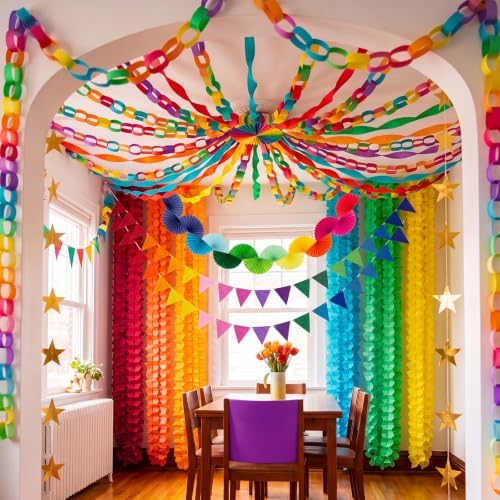 TaoBary Rainbow Party Decorations, 6 Roll Crepe Streamers 600 Paper Chain Garland Strips 4 Star Hanging 2 Felt Pennant Flag 2 Paper Fans Garland 6 Four Leaf Clover Streamers for Birthday Party - Image 7