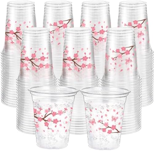 100 Pack Cherry Blossom Plastic Cups for Party Decorations,12 oz by Ferrochef