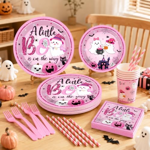 Pink Halloween Baby Shower Decorations Girl, All-in-1 A Little Boo is Almost Due Baby Shower Decorations with Balloon Arch Kit Baby Boxes Plates Napkins Cake Toppers Tablecloth Backdrop Spooky Decor - Image 2