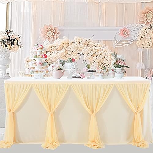 14ft Champagne Table Skirt Tulle Wedding Table Cloth Elegant Tutu Table Skirt Cover for Birthday Party Baby Shower Dessert Buffet Banquet Table Decorations by Suppromo