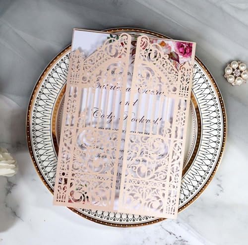 50 Pack laser Cut Marriage Gate Wedding Invitations Kits 5 × 7 Inch Invitaciones Pockets with Envelopes Inner Sheets (Rosy) - Image 2