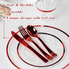 N9R 600PCS Clear & Red Plastic Plates, Disposable Dinnerware Set Heavy Duty - Image 3