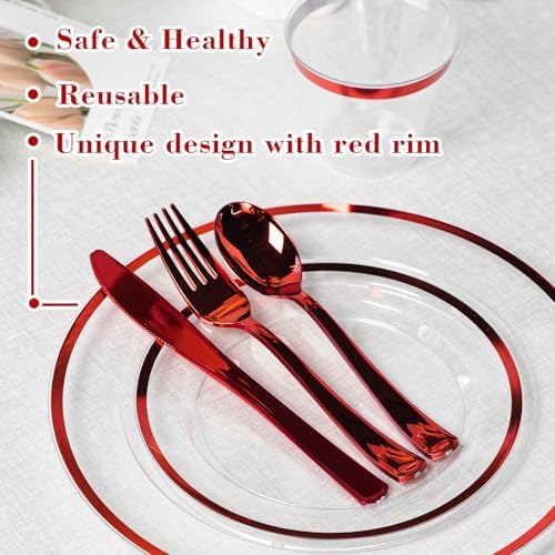 N9R 600PCS Clear & Red Plastic Plates, Disposable Dinnerware Set Heavy Duty - Image 3