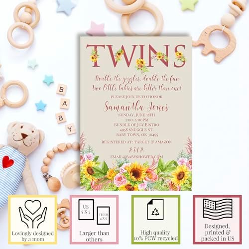 Amanda Creation Sunflower and Peony Twin Baby Shower Invitations, Twins Baby Shower Invitations, 20 Personalized 5x7 Double-Sided Cards with White Envelopes, Made in USA - Image 2