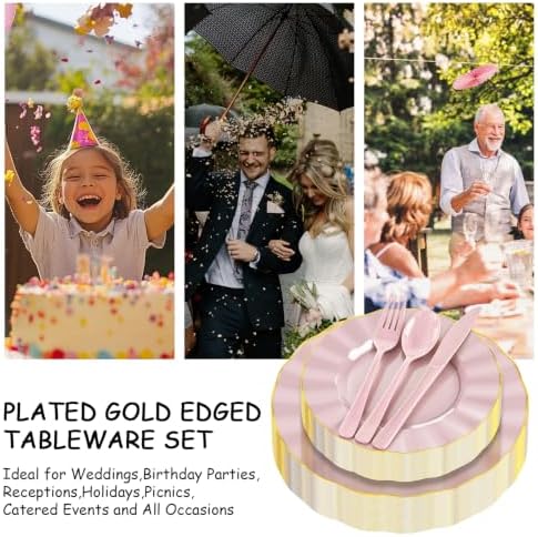 150Pcs Plastic Plates with Gold Rim,Heavy Duty Pink Plates for 30 Guests,Plastic Dinnerware Set Include 30 Dinner Plate,30 Dessert Plate,90 Gold Cutlery Set for Party (Pink) - Image 6