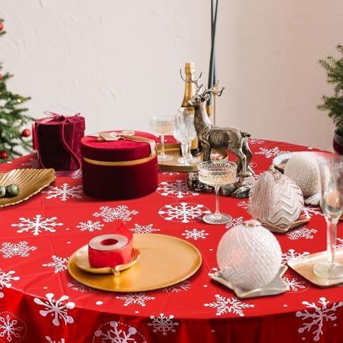 Ganeen 12 Pcs Christmas Tablecloth Red White Snowflake Round Plastic Winter - Image 3