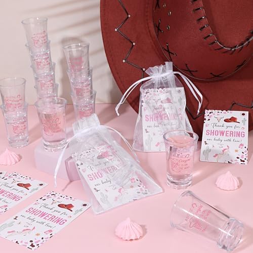 60 Sets Western Cowgirl Baby Shower Acrylic Shot Glasses A Little Cowgirl is On The Way Shot Glasses with Thank You Cards Organza Bags for Gender Reveal Cow-Girl Themed Birthday (Pink) - Image 4