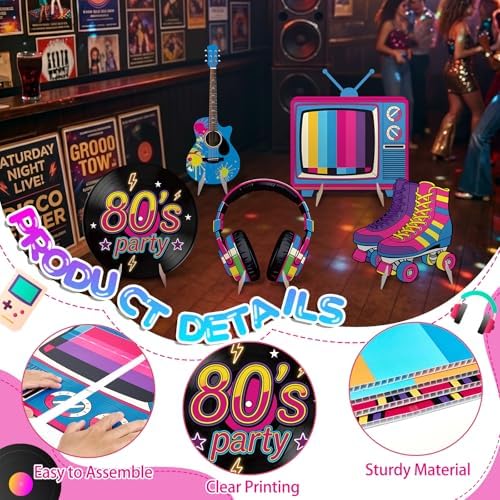 5Pcs 80s Party Decorations, Large Retro Disco Theme Cardboard Cutouts Guitar Headphone Roller Skates Vintage 80s Yard Sign for Neon Hip Hop Music Birthday Indoor Outdoor Photo Props Backdrop - Image 5