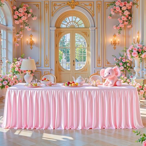 Pink Satin Tablecloths Rectangle 4FT, Glitter Spandex Fitted Stretch Table Covers Wrinkle-Resistant Floor Length Shimmer Pleated Table Skirt for Weddings Parties Baby Shower Banquets Vendor Events by Partisky