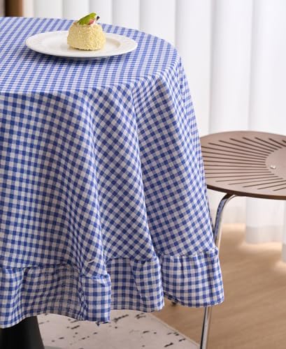 vctops Farmhouse Blue Gingham Ruffle Table Cloth, Boho Cotton Linen Tablecloth, Washable Table Cover for Round Table Baby Shower Kitchen Party Wedding Decor (Blue,70") - Image 4