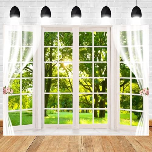 12x10ft Spring Backdrop Window Scenery Green Forest Photography Background Jungle Trees Sunshine Nature Landscape Wedding Banner Decorations Girl Woman Birthday Portrait Photo Booth Prop - Image 2