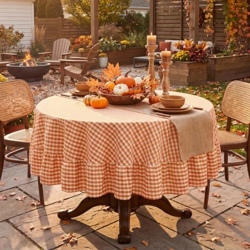 Romanstile Fall Gingham Ruffled Round Tablecloth, 70 Inch Orange - Image 5