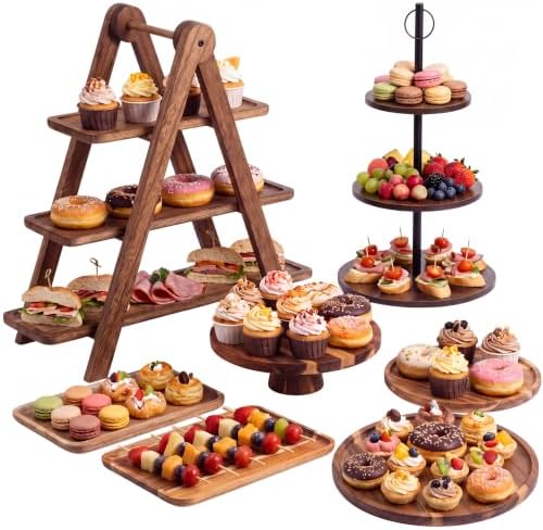 7 Pcs Wooden Cake Stands Set Dessert Tower Dessert Trays Desert Stands Cupcake Stand Rustic 3 Tier Farmhouse Cupcake Serving Stand for Wedding Baby Shower Birthday Tea Party by Singhoow