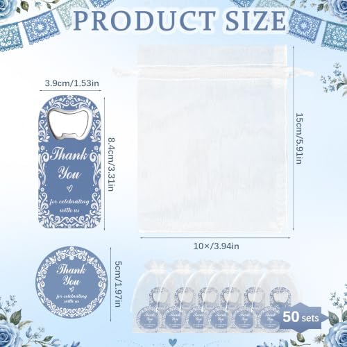 50 Set Wedding Favors for Guests Cielito Lindo Party Favors Blue Fridge Magnet Bottle Opener Thanks Cards with Organza Bags Wedding Thank You Gifts Bulk for Bridal Baby Shower Decorations - Image 2