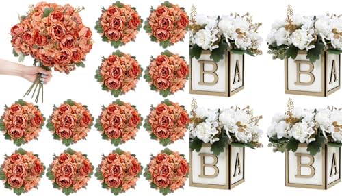 12 Bundles Peonies Artificial Flowers & Pack of 4 Baby Shower Centerpieces for Tables by SEKNHOP