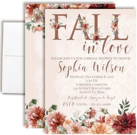 Amanda Creation Fall in Love Bridal Shower Invitations, 50 Personalized 5x7 Rustic Autumn Floral Cards with Envelopes by AmandaCreation
