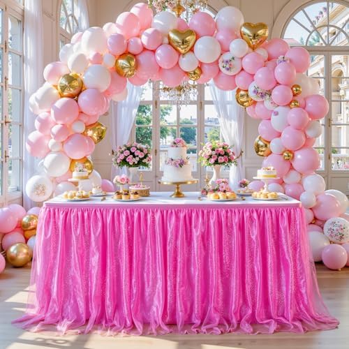 Hot Pink Tulle Table Skirt 14FT Desk Skirt for Classroom Dorm Teacher Desk Back to School Desk Curtain Skirt Ruffle Tutu Shimmer Table Skirting for Birthday Baby Shower Party Cake Dessert Table Decor by Besutolife