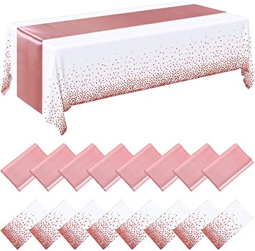 Tudomro 16 Pack White and Rose Gold Plastic Tablecloths Satin Runner Set by Tudomro